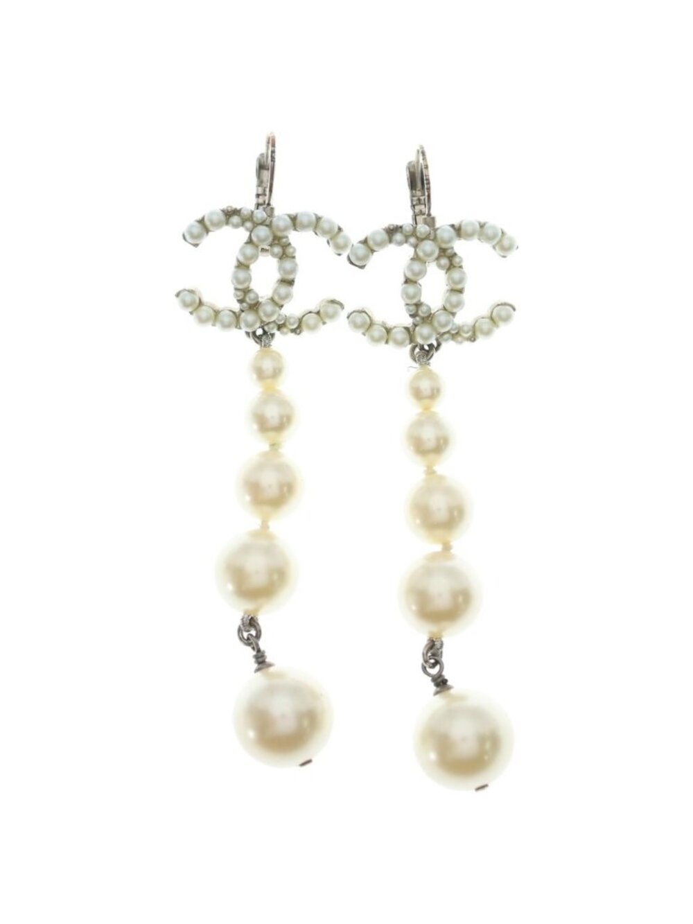 Chanel CC Logo Pearl Long Earrings Faux Silver